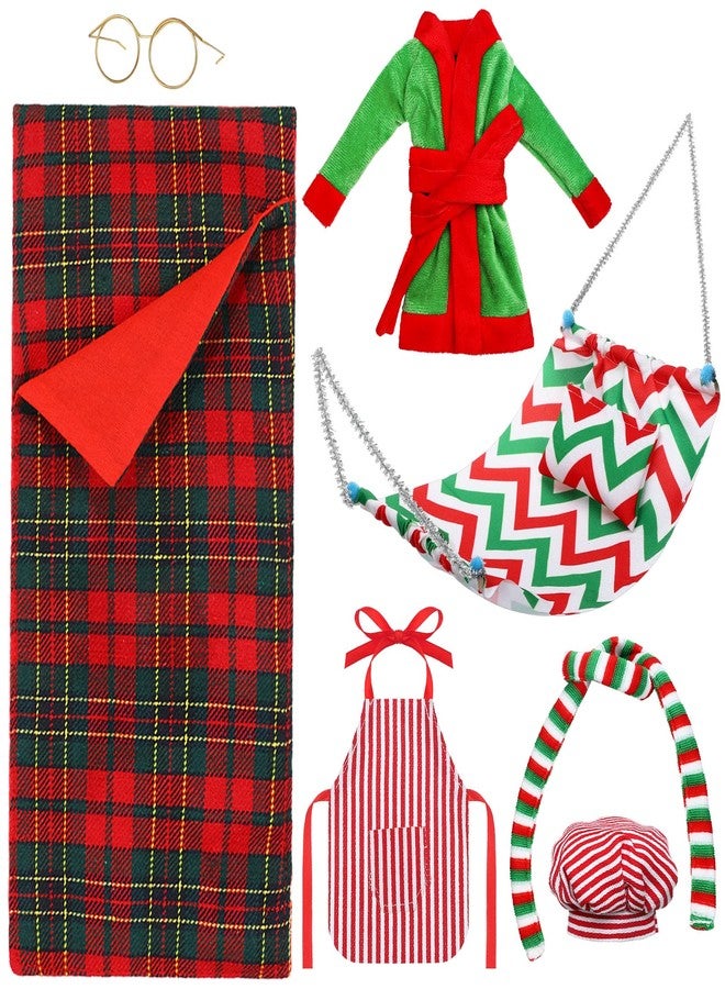 Aoriher 8 Pcs Christmas Doll Accessories Set with Christmas Sleeping Bag, Bathrobe, Apron and Chef Hat, Scarf, Glasses, Christmas Hammock Xmas Accessory for Doll Decorations (Plaid Style) - Image 1