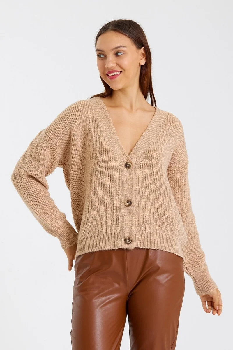 Odelon Buttoned V-Neck Oversize Women's Beige Knitted Cardigan