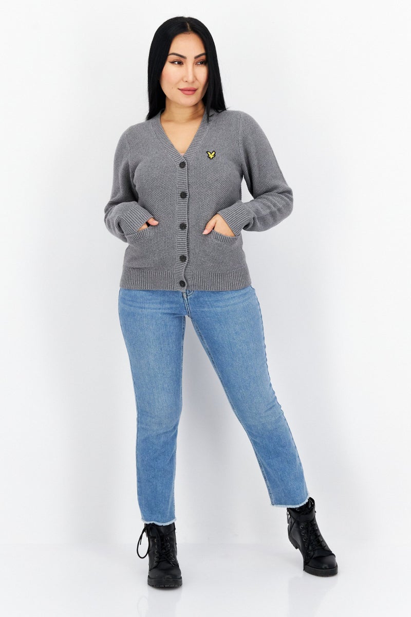 Lyle & Scott Women V-Neck Long Sleeve Embroidered Logo Cardigans, Grey  - Image 3