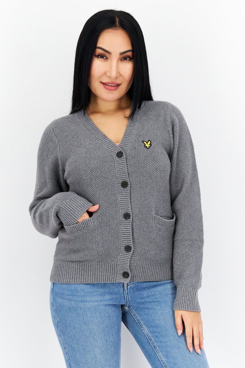 Lyle & Scott Women V-Neck Long Sleeve Embroidered Logo Cardigans, Grey  - Image 1
