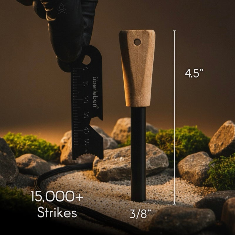 Ã¼berleben Ãœberleben | ZÃ¼nden Original Ferro Rod Fire Starter Survival Tool â€“ Up to 15,000 Strikes, 3/8" Fire Steel with Wood Handle, Multi-Tool Striker & Lanyard â€“ Waterproof Camping Essentials - Image 2