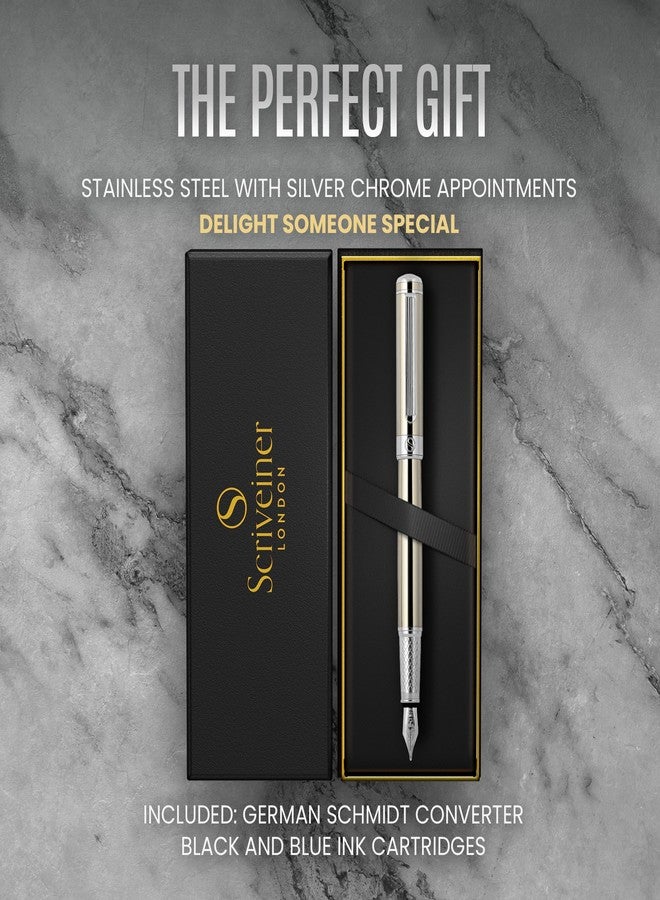 Scriveiner Stainless Steel Fountain Pen - Stunning Luxury Pen with Steel Finish, Schmidt Steel Nib (Medium), Pen Gift Set for Men & Women, Professional, Executive Office, Nice Designer Pens - Image 3