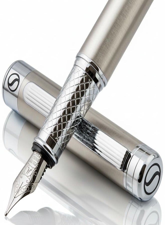 Scriveiner Stainless Steel Fountain Pen - Stunning Luxury Pen with Steel Finish, Schmidt Steel Nib (Medium), Pen Gift Set for Men & Women, Professional, Executive Office, Nice Designer Pens - Image 1
