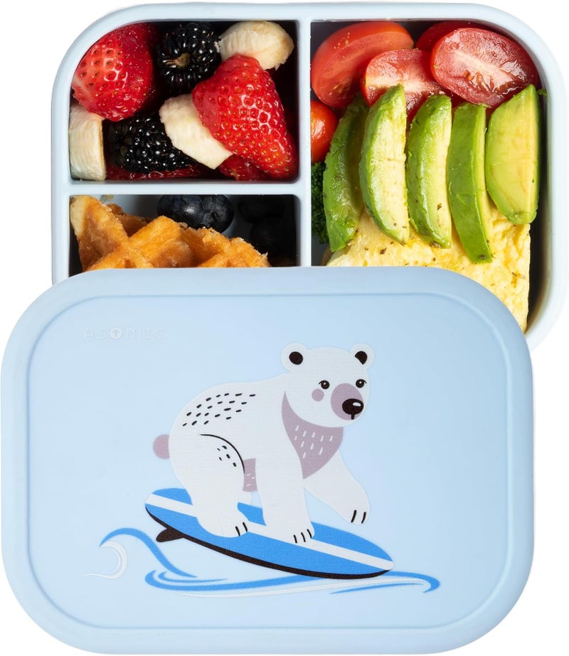 ASOMIC Silicone Bento Lunch Box for Toddlers & Kids, Leakproof & BPA-Free, 3 Compartments, Microwave & Dishwasher Safe, Ideal for Daycare, Preschool & Baby Meals (Polar Bear) - Image 1