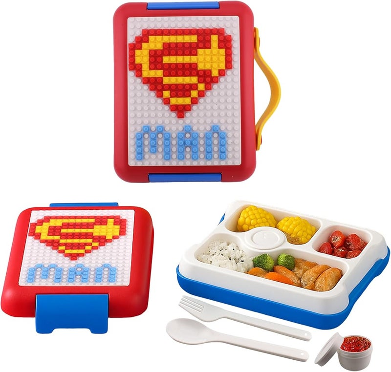 BrainGiggles DIY Bento Lunch Box for Kids with Building Blocks, 3 Compartments Insulated BPA Free Customizable Bento Box Gift for Boys and Girls (RED) - Image 1