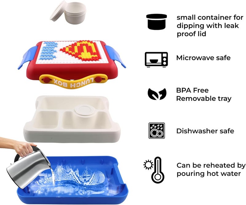 BrainGiggles DIY Bento Lunch Box for Kids with Building Blocks, 3 Compartments Insulated BPA Free Customizable Bento Box Gift for Boys and Girls (RED) - Image 3