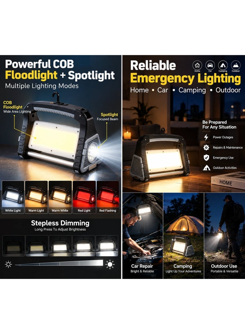 كشاف عمل LED طوارئ قابل لإعادة الشحن، بطارية ليثيوم أيون 18650 بسعة 5800 مللي أمبير، إضاءة COB وكشاف جانبي مع شحن USB، قاعدة مغناطيسية وخطاف قابل للطي، تعتيم تدريجي - Image 4