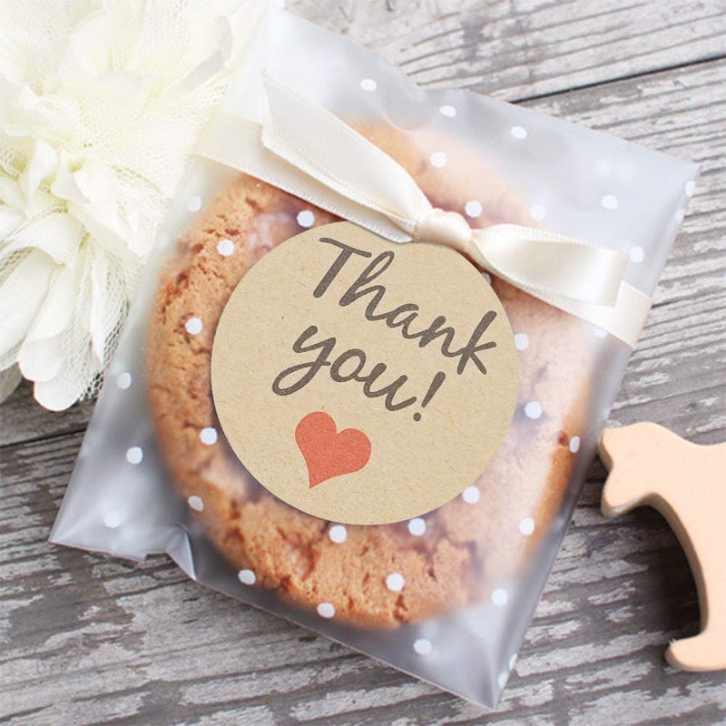 FLYTT Self Adhesive Cookie Bags White Polka Dot Individual Resealable Cellophane Treat Bags with Thank You Stickers for Gift Giving 39x39 100 Pcs