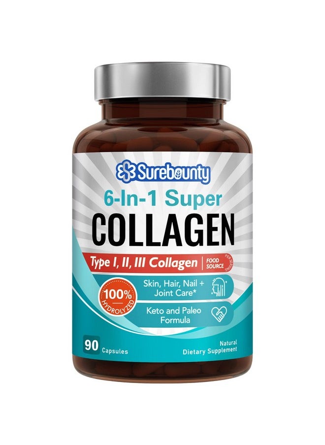 Surebounty - Multi Collagen Complex Type I Ii Iii 6In1 Super Collagen With Vitamin C Hyaluronic Acid Biotin Turmeric Black Pepper Keto 90 Capsules - Image 1