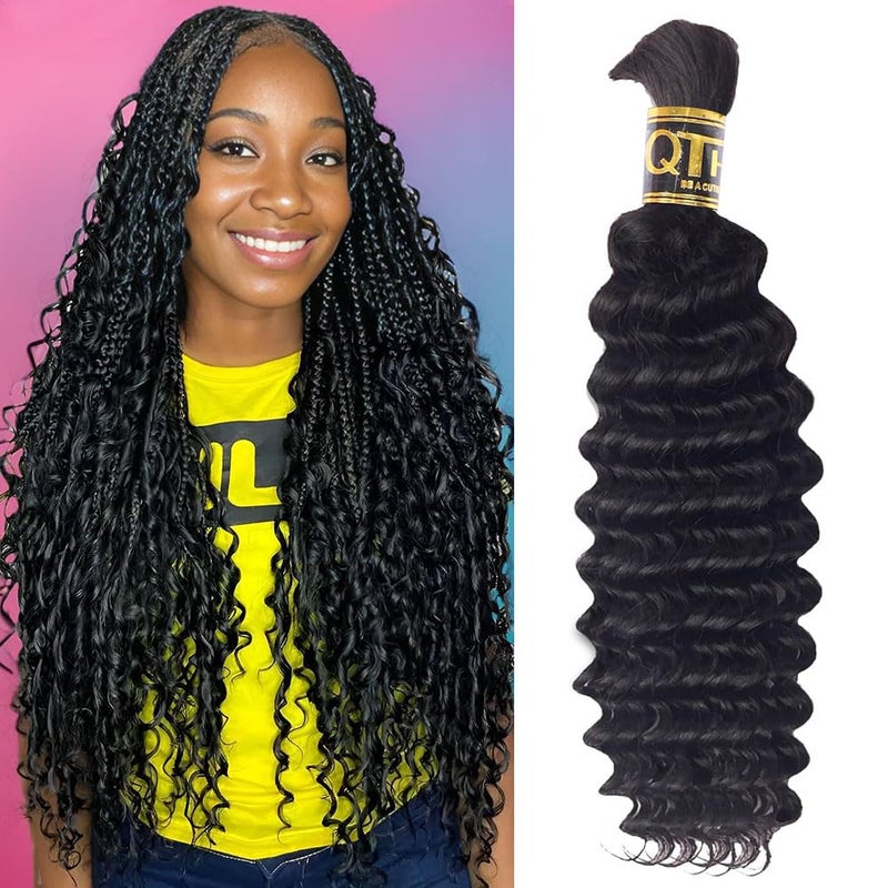 QTHAIR Deep Wave Bulk Human Hair For Braiding 16A No Weft 20 50g 1BNatural Black 100 Unprocessed Brazilian Deep Wave Human Hair Virgin Hair Extensions Two Bundles Micro Braiding