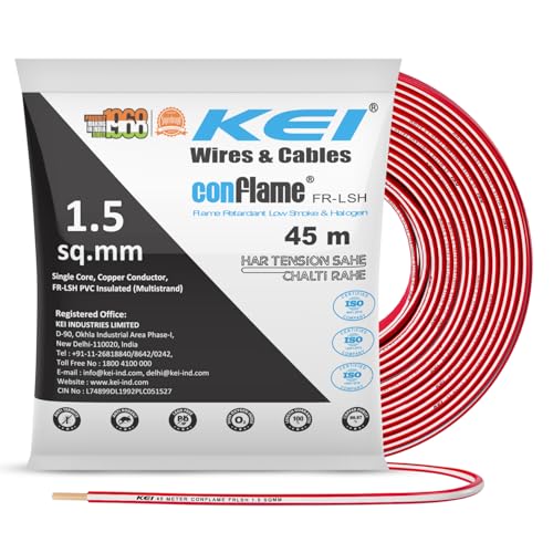 KEI CONFLAME FRLSH 1.5 sqmm 1 Core Copper Heat Resistant Flame Retardant Low Smoke & Halogen - Lead Free House Wire for Domestic & Industrial Electrical Wiring (Red, 45 Meters) - Image 1