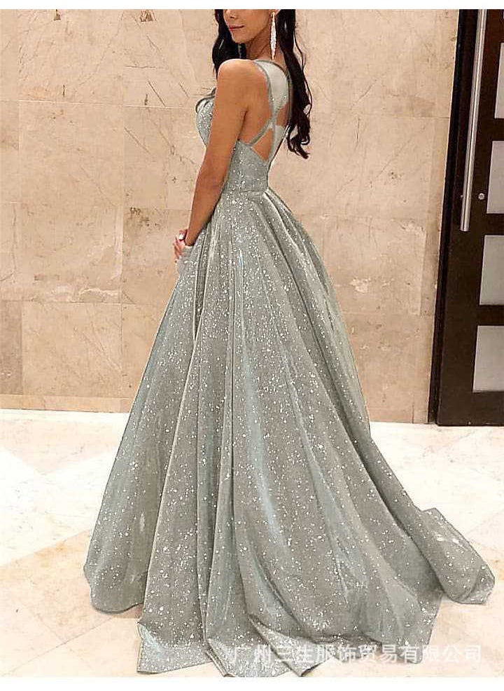 Generic - Elegant Sequin Spaghetti Strap Evening Gown Silver - Image 1