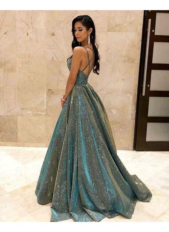 Generic - Elegant Sequin Spaghetti Strap Evening Gown Silver - Image 1