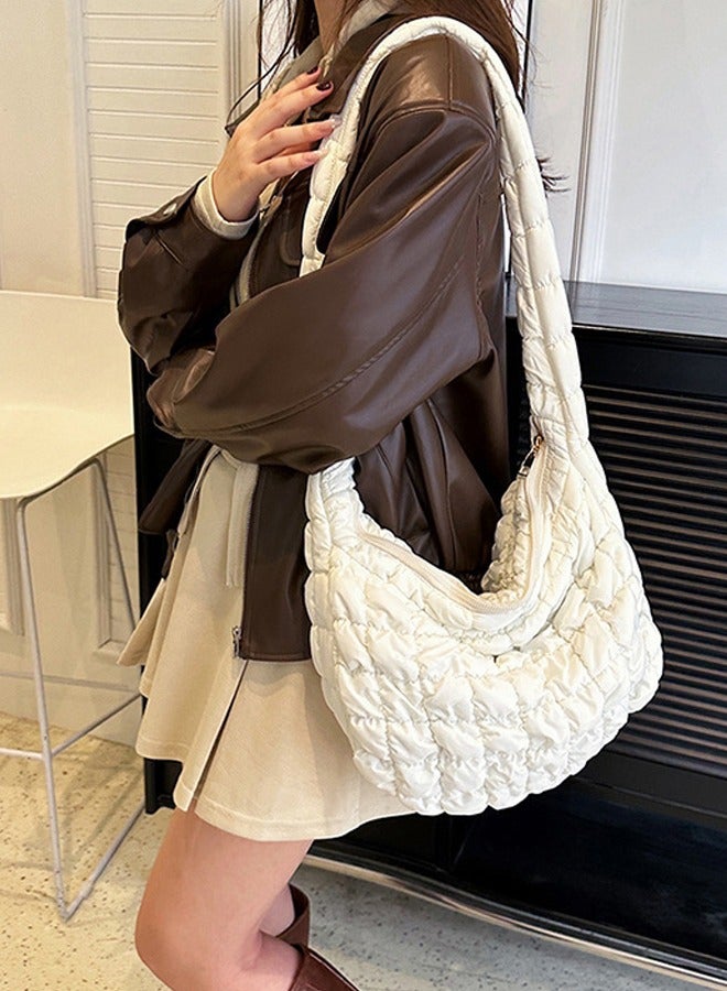 NIBEMINENT حقيبة توت كبيرة الحجم، حقيبة كتف سحابية بسيطة، حقيبة تحت الإبط، بيضاء - Image 1