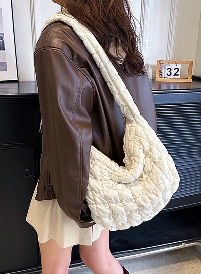 NIBEMINENT حقيبة توت كبيرة الحجم، حقيبة كتف سحابية بسيطة، حقيبة تحت الإبط، بيضاء - Image 2