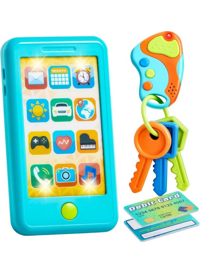 JOYIN Pretend Toddler Play Phone, Learning Toy Phone Set,Keyfob Key Toy and Credit Cards Set, Kids Cellphone, Girls Boys Birthday Gifts for 1 2 3 Year Old,Baby Blue, Kids Presents, Easter Basket Stuffers - Image 1