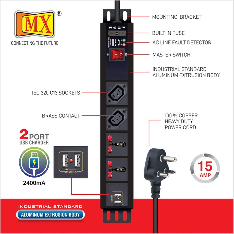 MX MX 2 Outlet 10 AMP IEC 320 C13 Socket 2 Outlet 15 Amp Universal Socket Power Strip Extension Board with 2 USB Charging Port 24 Amp Built in Fuse Master Switch Wall Mount 15m Power Cord  - Image 3