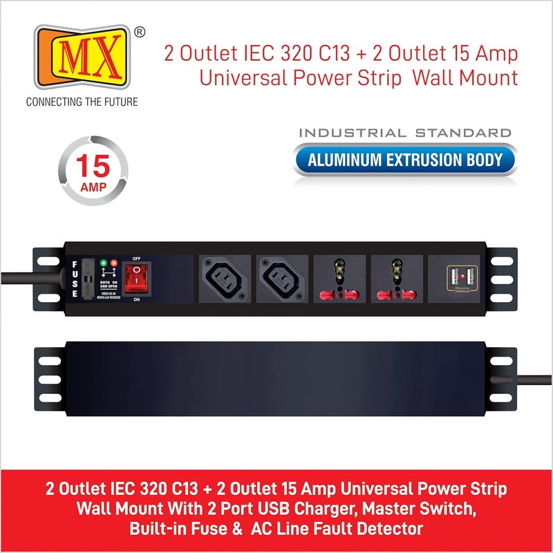MX MX 2 Outlet 10 AMP IEC 320 C13 Socket 2 Outlet 15 Amp Universal Socket Power Strip Extension Board with 2 USB Charging Port 24 Amp Built in Fuse Master Switch Wall Mount 15m Power Cord  - Image 2