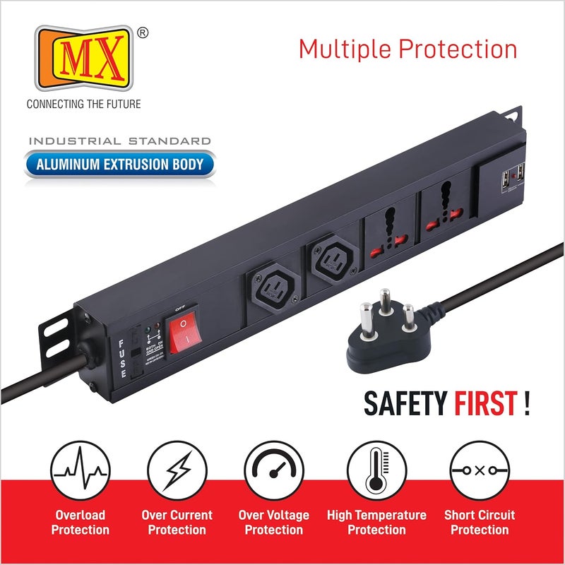 MX MX 2 Outlet 10 AMP IEC 320 C13 Socket 2 Outlet 15 Amp Universal Socket Power Strip Extension Board with 2 USB Charging Port 24 Amp Built in Fuse Master Switch Wall Mount 15m Power Cord  - Image 4