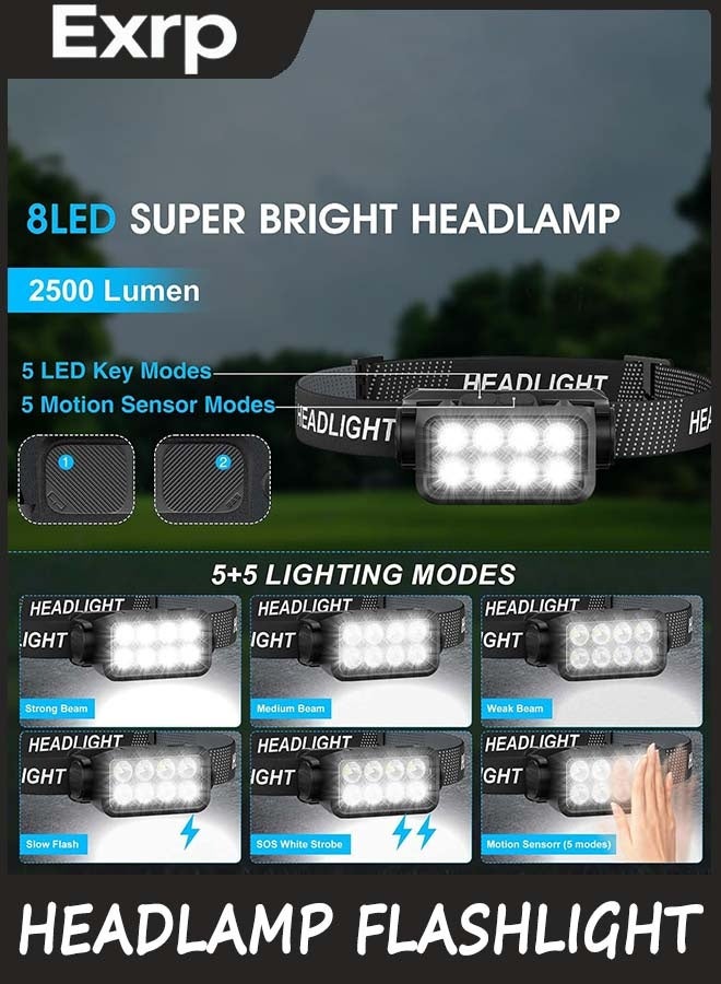 Exrp Rechargeable Headlamp Flashlight, 8 LED 2500 Lumen Ultra-Light Bright Headlight with Motion Sensor, Waterproof Lightweight Head Lamp for Adult Kid, Headlamps for Outdoor Camping Running Fishing - Image 3