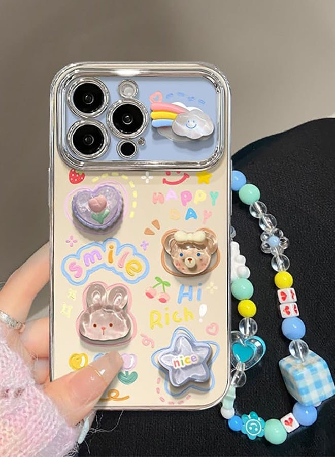 GIFT 3D Cartoon Case for iPhone 17 Pro Max with Wrist,Floral Smile Case for Girls Women,Girly Design TPU Soft Bumper Protective Cover(Blue Wrist) - Image 1