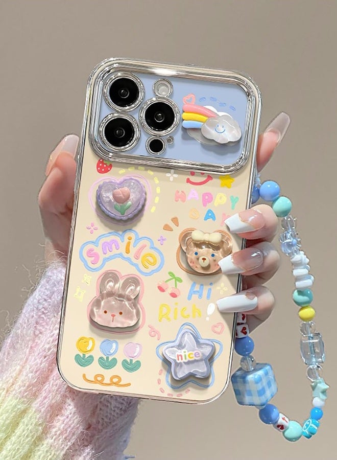 GIFT 3D Cartoon Case for iPhone 17 Pro Max with Wrist,Floral Smile Case for Girls Women,Girly Design TPU Soft Bumper Protective Cover(Blue Wrist) - Image 2