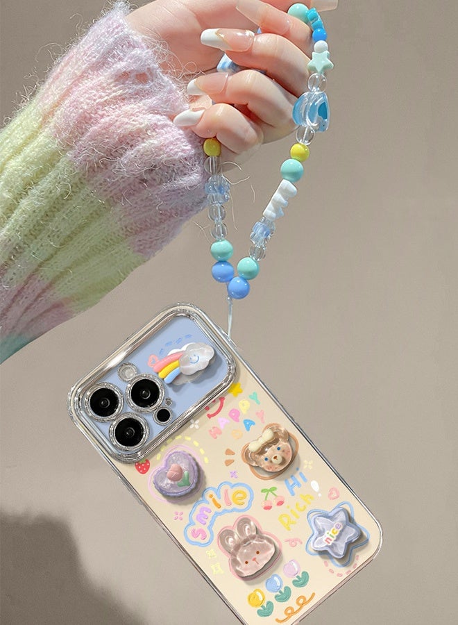 GIFT 3D Cartoon Case for iPhone 17 Pro Max with Wrist,Floral Smile Case for Girls Women,Girly Design TPU Soft Bumper Protective Cover(Blue Wrist) - Image 4