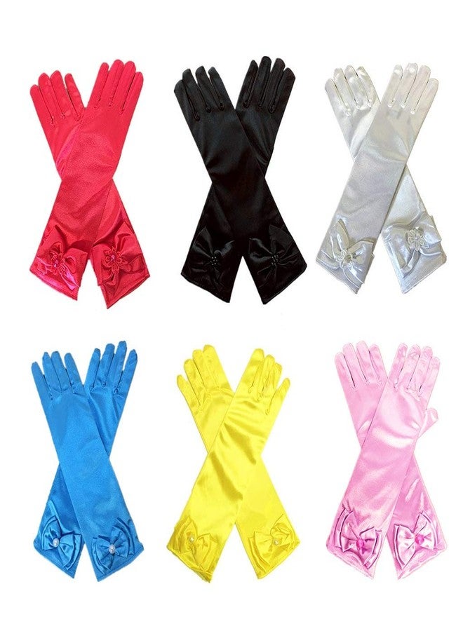 DH 6 Pairs Kids Stretch Satin Long Finger Pearl Bow Dress Gloves Girls Children Gloves - Image 1