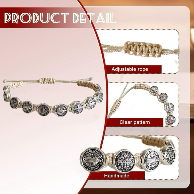 Bovemee 12pcs St Benedict Bracelets Nature Color String Saint Benedict Rosary Bracelet Medalla De San Benito Catholic Gift For Men Women (Nature Color) - Image 2