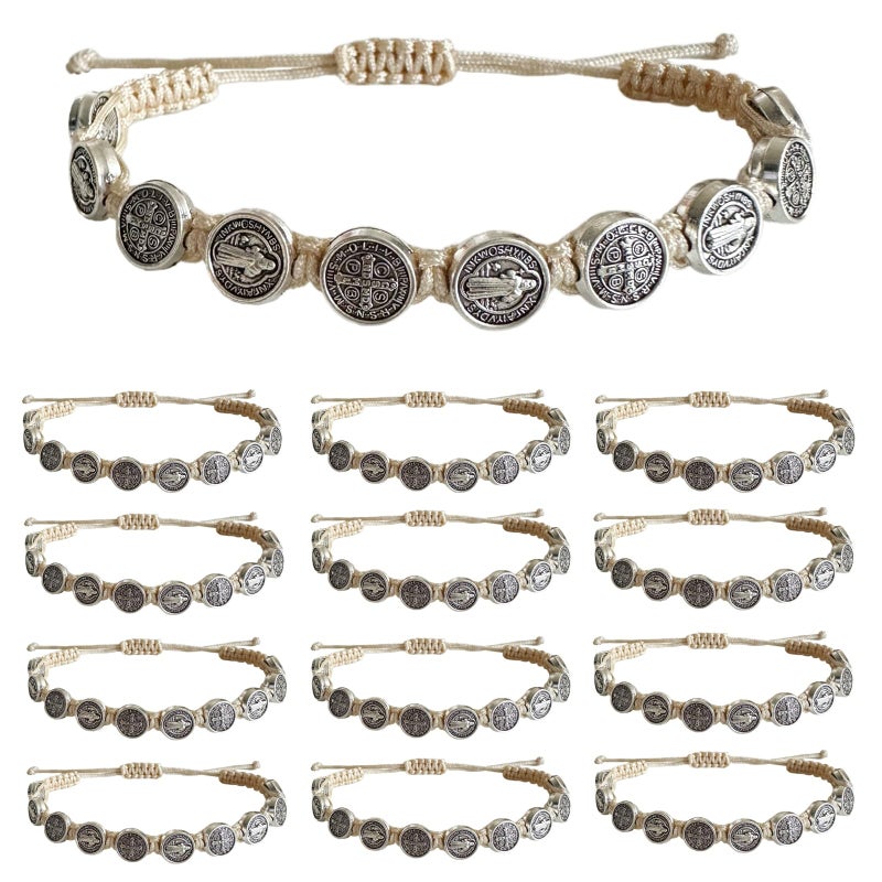 Bovemee 12pcs St Benedict Bracelets Nature Color String Saint Benedict Rosary Bracelet Medalla De San Benito Catholic Gift For Men Women (Nature Color) - Image 1