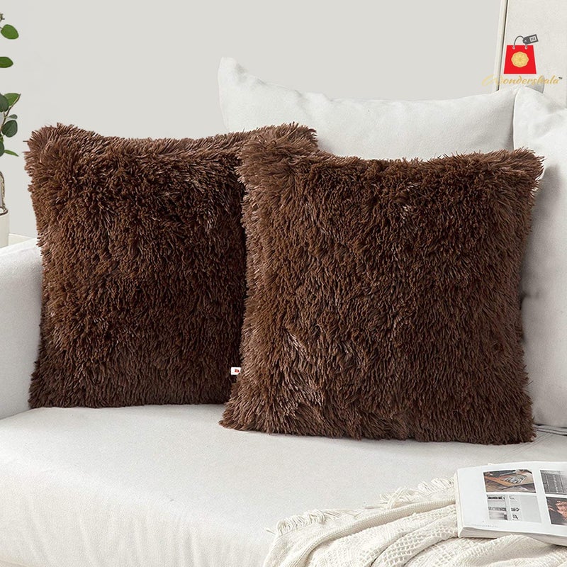 Wondershala Brown Square Cushion Soft Fur Cushion Pillow for car Decoration Sofa Home Decor Set of 2 12x12 inches 30cm x 30cm - Image 1