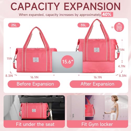 WALNEW Travel Duffel Bag, Weekender Overnight Carry On Bag for Women Men, Foldable Waterproof Gym Luggage Duffle Bag with Metal Buckle Detachable Shoulder Strap and Wet Compartment (living Coral) - Image 2