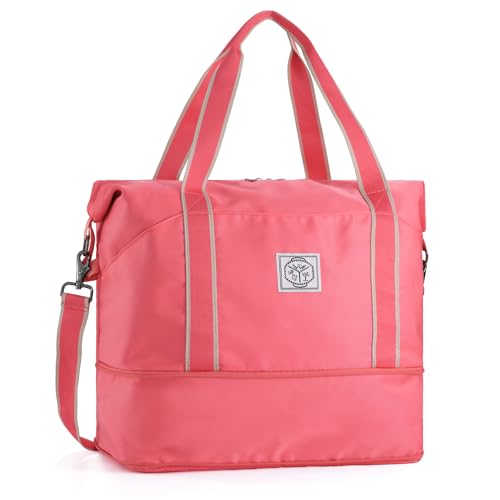 WALNEW Travel Duffel Bag, Weekender Overnight Carry On Bag for Women Men, Foldable Waterproof Gym Luggage Duffle Bag with Metal Buckle Detachable Shoulder Strap and Wet Compartment (living Coral) - Image 1