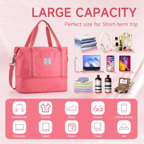 WALNEW Travel Duffel Bag, Weekender Overnight Carry On Bag for Women Men, Foldable Waterproof Gym Luggage Duffle Bag with Metal Buckle Detachable Shoulder Strap and Wet Compartment (living Coral) - Image 3