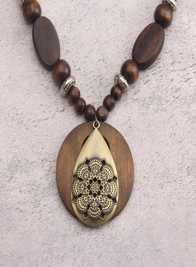 Bjesinmo Boho Necklaces for Women Long Wooden Pendant Vintage Necklace Sweater Chain Necklace Handmade Jewelry, Faux Leather, No Gemstone - Image 2