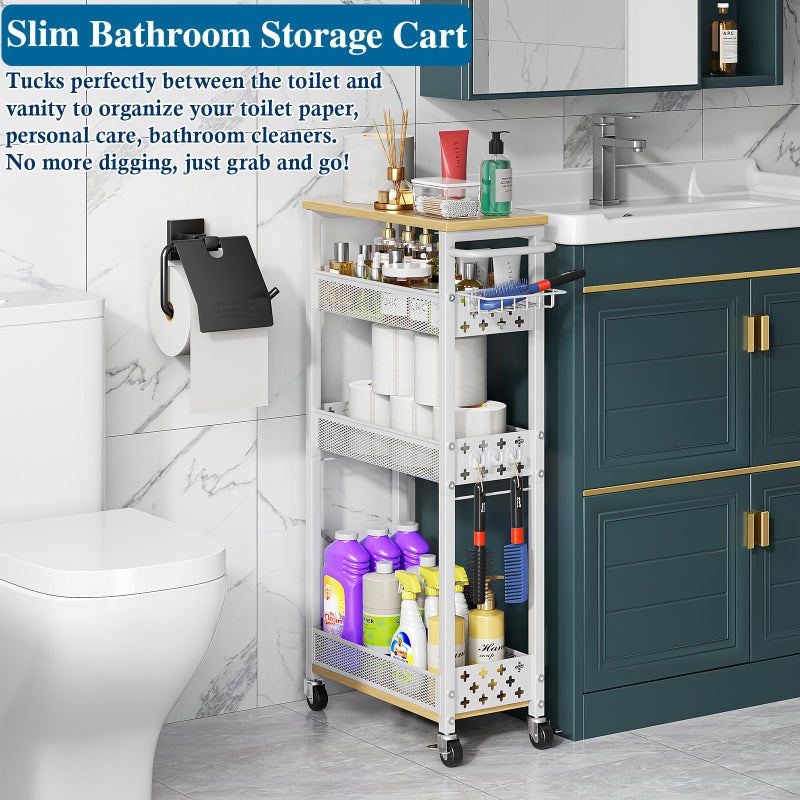 OKZEST Rolling Slim Storage Cart, 4-Tier Narrow Bathroom Laundry Room Organization Cart, Metal Kitchen Storage Mobile Shelf Unit Organizer with Wood Top, Slim Utility Cart with Wheels for Small Space - Image 3