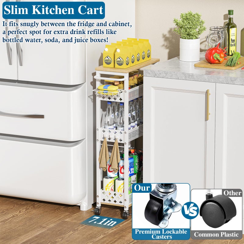 OKZEST Rolling Slim Storage Cart, 4-Tier Narrow Bathroom Laundry Room Organization Cart, Metal Kitchen Storage Mobile Shelf Unit Organizer with Wood Top, Slim Utility Cart with Wheels for Small Space - Image 5