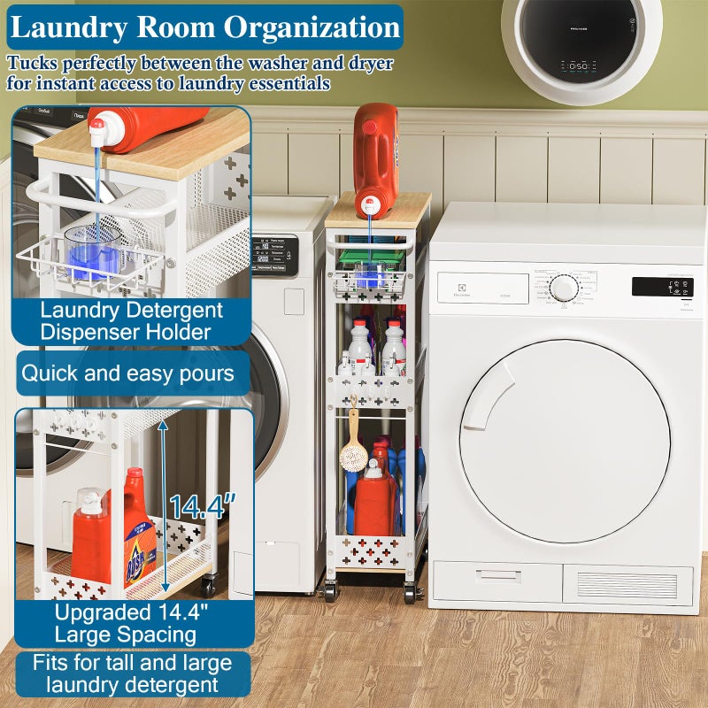 OKZEST Rolling Slim Storage Cart, 4-Tier Narrow Bathroom Laundry Room Organization Cart, Metal Kitchen Storage Mobile Shelf Unit Organizer with Wood Top, Slim Utility Cart with Wheels for Small Space - Image 2