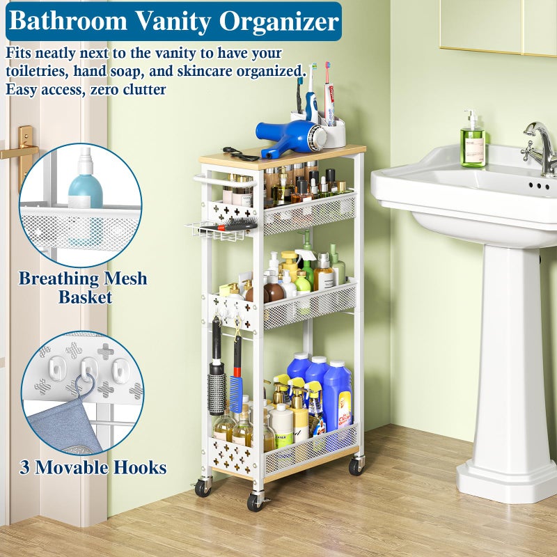OKZEST Rolling Slim Storage Cart, 4-Tier Narrow Bathroom Laundry Room Organization Cart, Metal Kitchen Storage Mobile Shelf Unit Organizer with Wood Top, Slim Utility Cart with Wheels for Small Space - Image 4