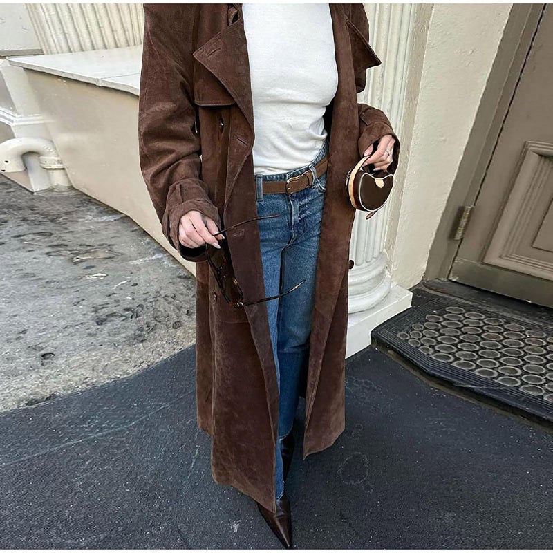 utcoco Womens Faux Suede Long Trench Coat Notched Lapel Double Breasted Pea Coat Overcoat with Belt (XX-Large, Brown) - Image 4