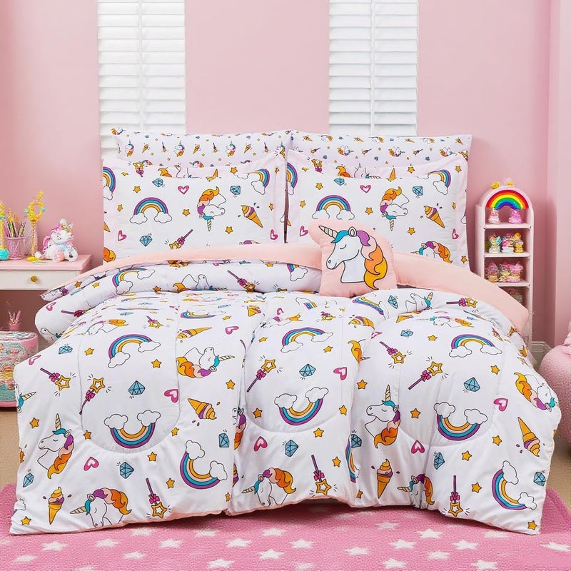 Mooreeke Bed in a Bag for Kids Girls Teens, 6 Pieces Twin Size Comforter Bed Set with Shams, Sheet Set and Decorative Toy Pillow, Unicorn Rainbow Super Soft Microfiber Kids Bedding Set - Image 1
