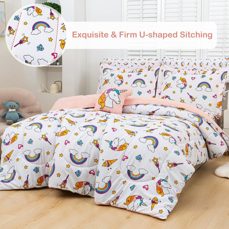 Mooreeke Bed in a Bag for Kids Girls Teens, 6 Pieces Twin Size Comforter Bed Set with Shams, Sheet Set and Decorative Toy Pillow, Unicorn Rainbow Super Soft Microfiber Kids Bedding Set - Image 3