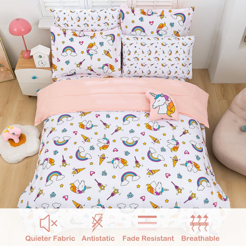 Mooreeke Bed in a Bag for Kids Girls Teens, 6 Pieces Twin Size Comforter Bed Set with Shams, Sheet Set and Decorative Toy Pillow, Unicorn Rainbow Super Soft Microfiber Kids Bedding Set - Image 2