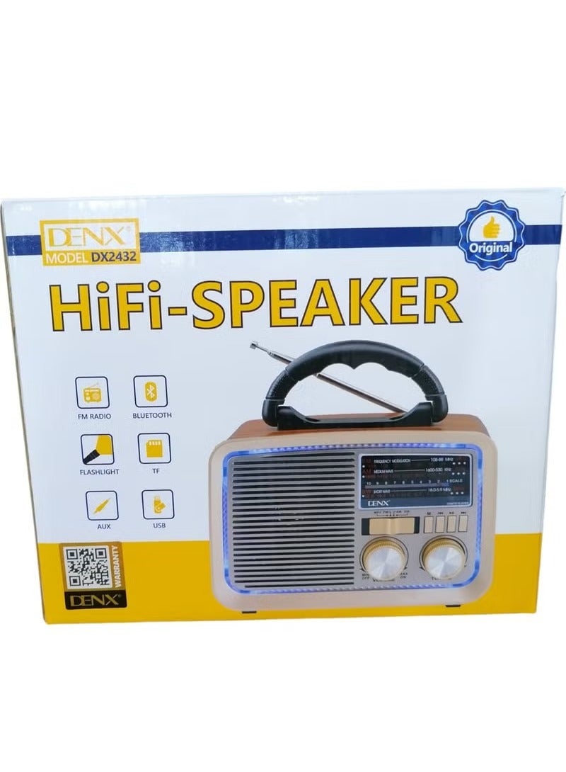 Denx Retro Bluetooth Portable Radio FM/AM/SW – USB, TF Card, AUX Playback – Gold/Brown/Black - Image 1