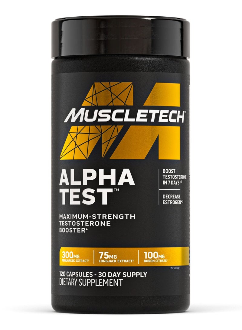 ماسل تيك مُعزز التستوستيرون بقوة قصوى ألفا تيست مع 300 ملغ من مستخلص الحلبة، 100 ملغ من مستخلص الشيلاجيت و100 ملغ من سترات البورون، يدعم قوة العضلات والطاقة، 120 كبسولة (إمداد لمدة 30 يومًا). - Image 1