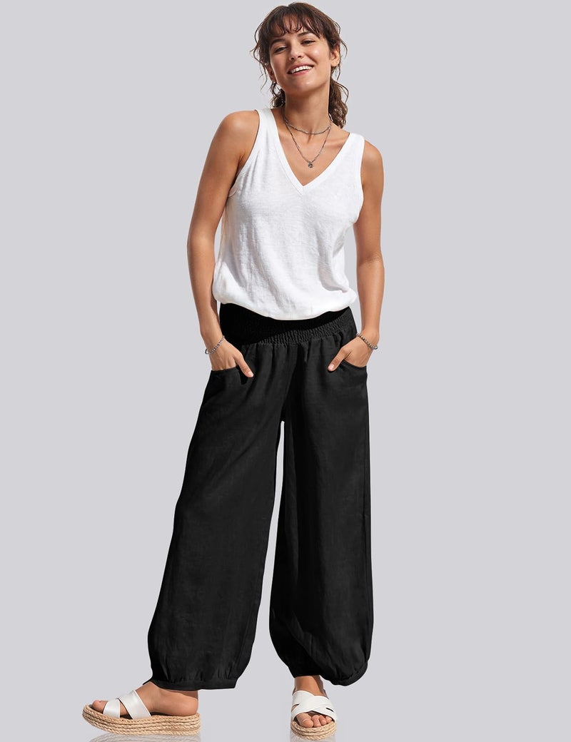 TARSE Women Linen Pants 2025 Summer Wide Leg Casual Loose Boho Wide Leg High Waisted Harem Pant with Pockets, Black, M - Image 3