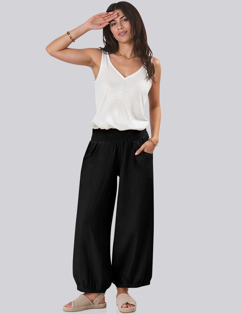TARSE Women Linen Pants 2025 Summer Wide Leg Casual Loose Boho Wide Leg High Waisted Harem Pant with Pockets, Black, M - Image 4