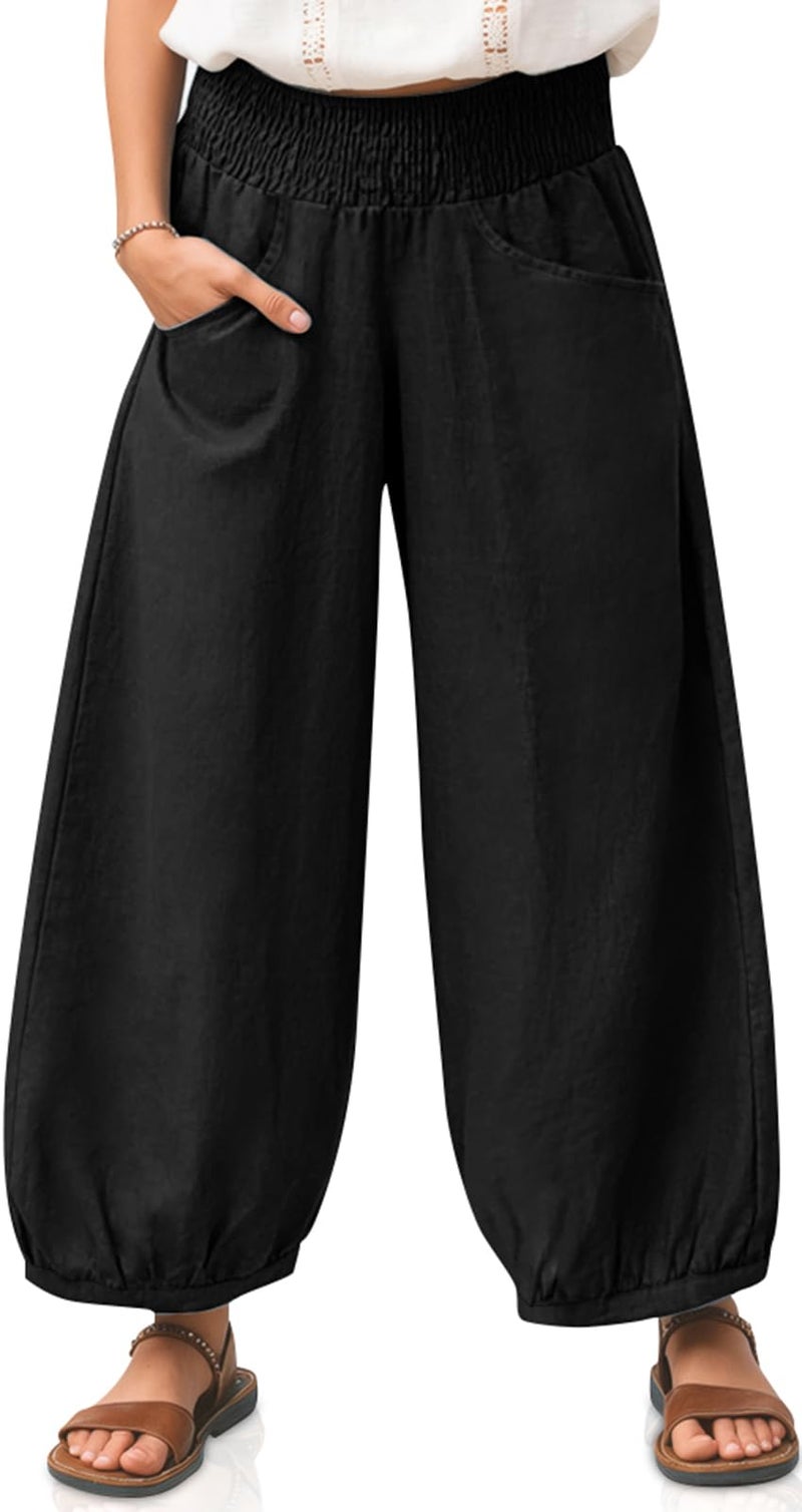 TARSE Women Linen Pants 2025 Summer Wide Leg Casual Loose Boho Wide Leg High Waisted Harem Pant with Pockets, Black, M - Image 1