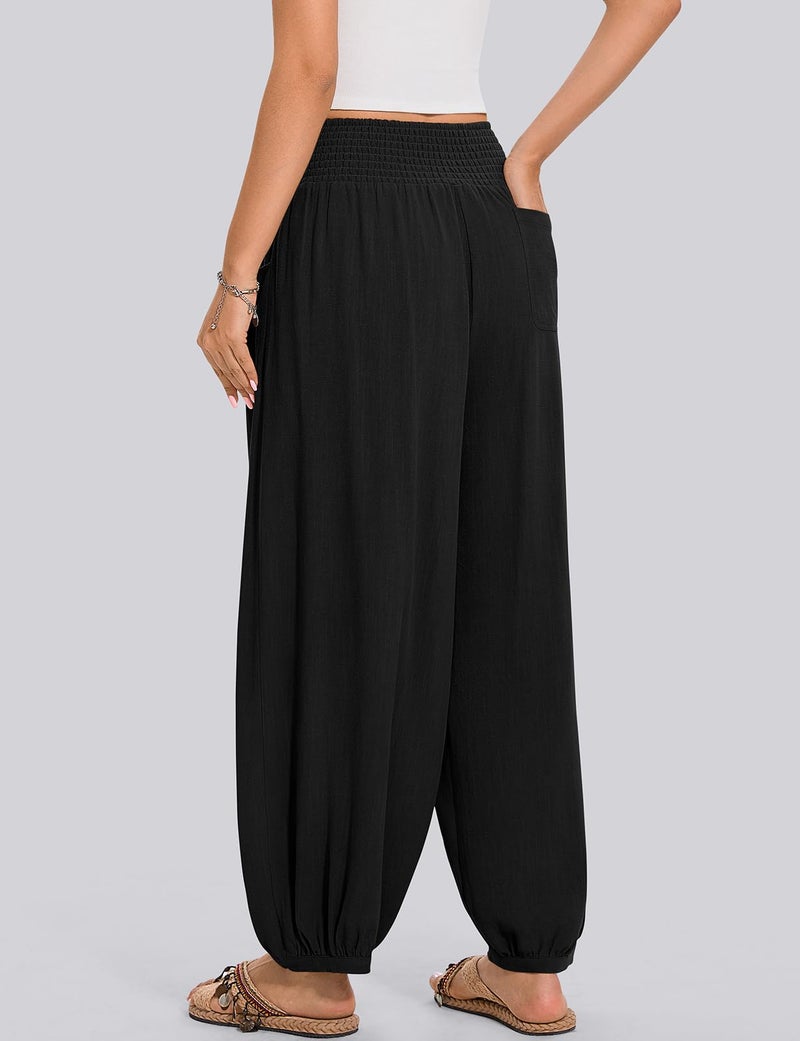 TARSE Women Linen Pants 2025 Summer Wide Leg Casual Loose Boho Wide Leg High Waisted Harem Pant with Pockets, Black, M - Image 2