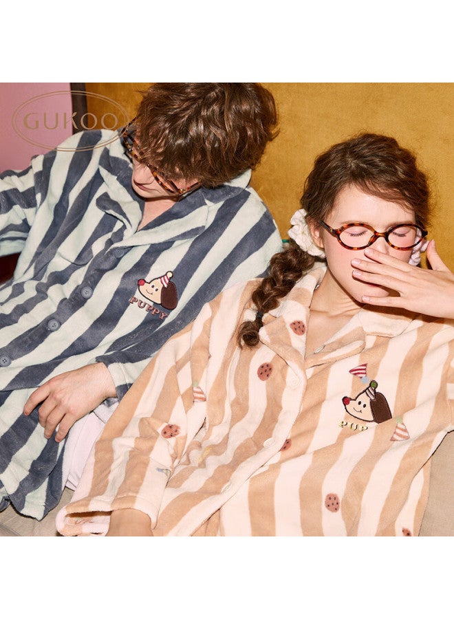 Gukoo Couple Pajamas Winter New Party Dog Stripe Warm Comfortable Women's Homewear Set Men's Apricot Yellow XL - Image 3